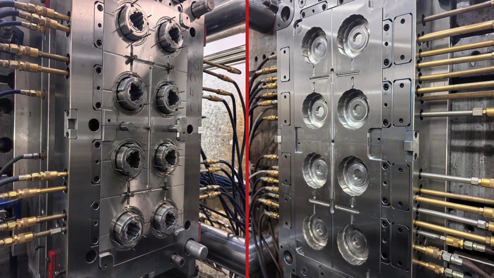 Eight-core mold tool running in a press